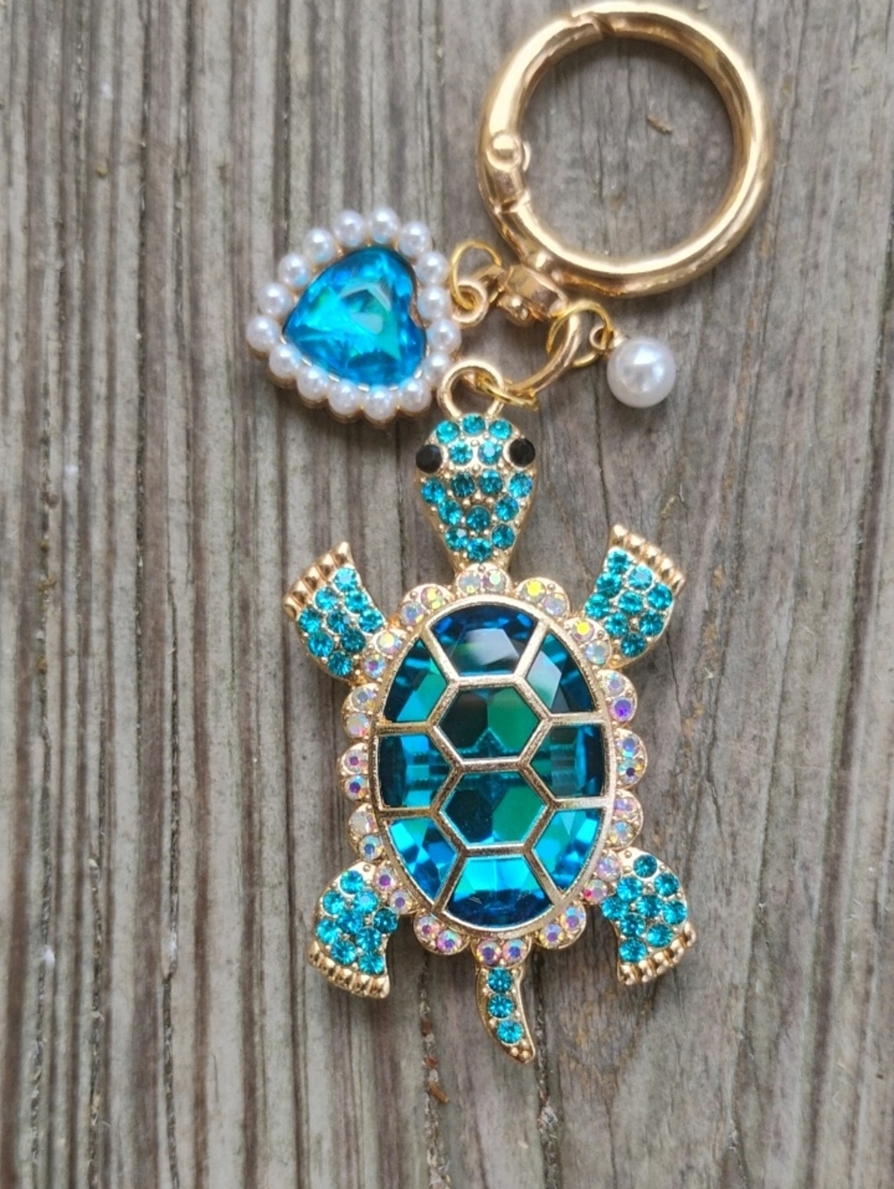 Blue turtle rhinestone bag charm keychain
